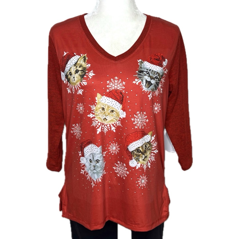 NEW Christmas Cat Top Rhinestone Santa Hat Holiday Shirt Onque Casual Red Small